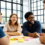 **

"Diverse team brainstorming session in a modern, light-filled office. Sticky notes on glass walls, laptops open. Focus on collaboration and innovation, smiles, and positive energy. Company values displayed subtly in the background."

**