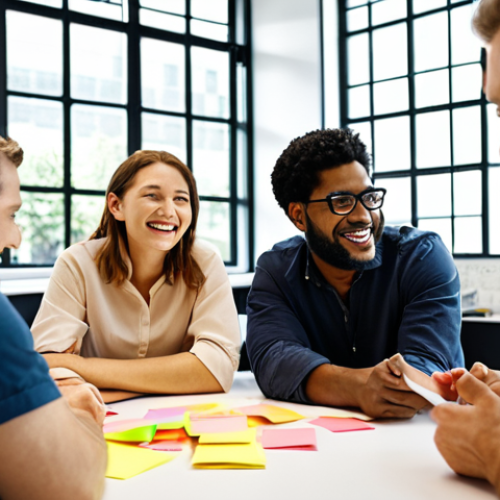 Home 11 **
"Diverse team brainstorming session in a modern, light-filled office. Sticky notes on glass walls, laptops open. Focus on collaboration and innovation, smiles, and positive energy. Company values displayed subtly in the background."
**