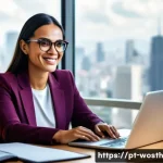 가치 기반 경력과 개인 브랜드 구축 - A professional Brazilian woman in her early 30s sitting confidently at a modern office desk with a l...