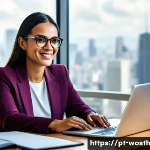 가치 기반 경력과 개인 브랜드 구축 - A professional Brazilian woman in her early 30s sitting confidently at a modern office desk with a l...