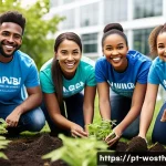 가치 기반 경력의 다양한 경로와 선택지 - A diverse group of young professionals engaged in a vibrant corporate volunteering event in a modern...