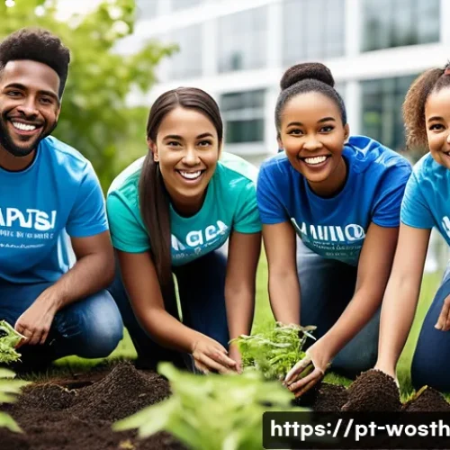 가치 기반 경력의 다양한 경로와 선택지 - A diverse group of young professionals engaged in a vibrant corporate volunteering event in a modern...