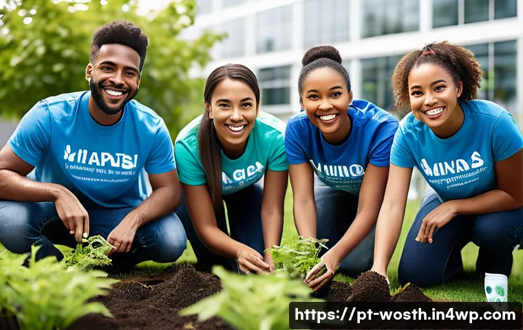 가치 기반 경력의 다양한 경로와 선택지 - A diverse group of young professionals engaged in a vibrant corporate volunteering event in a modern...