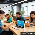 가치 기반 경력 구축을 위한 온라인 교육 플랫폼 - A diverse group of young Brazilian adults studying together in a bright, modern coworking space, eac...