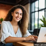 Home 18 가치 기반 경력 구축을 위한 소셜 미디어 활용 - A confident young professional woman of Brazilian descent, working on a laptop in a modern coworking...